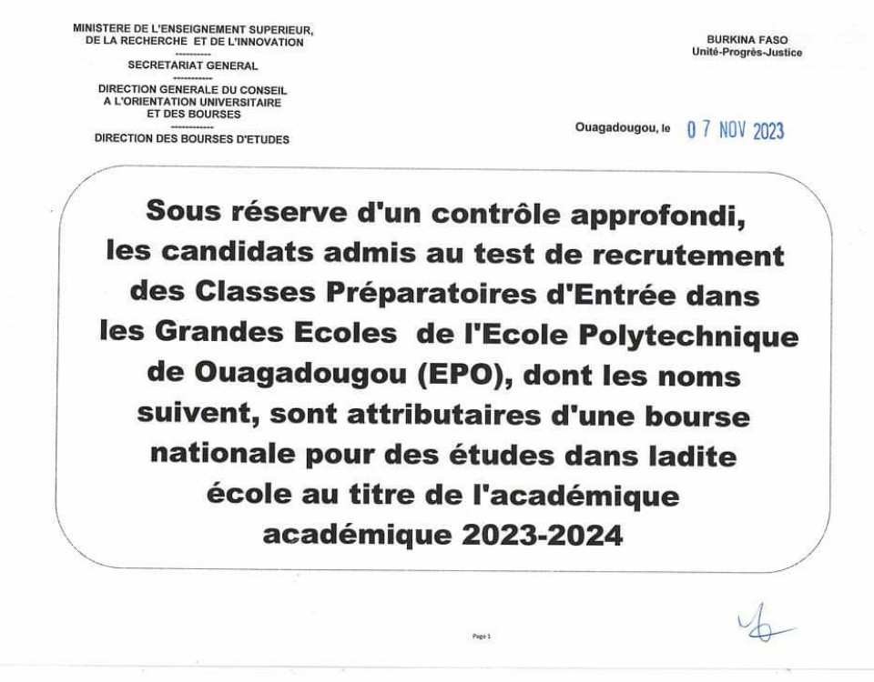 Résultats des demandes de bourses des candidats admis au test de