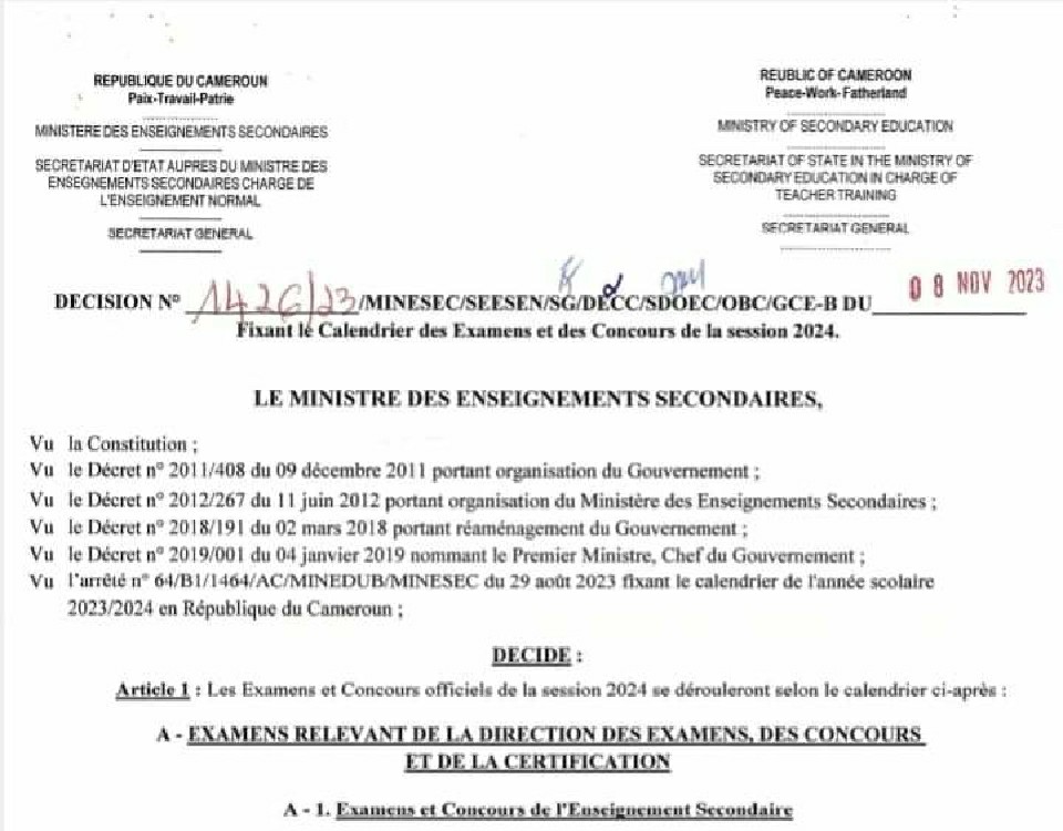 Calendrier des concours et examens de fin d'année scolaire au Cameroun pour l'année académique